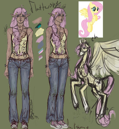 Character sheet double full bodies + animal(pony) coloured sketch